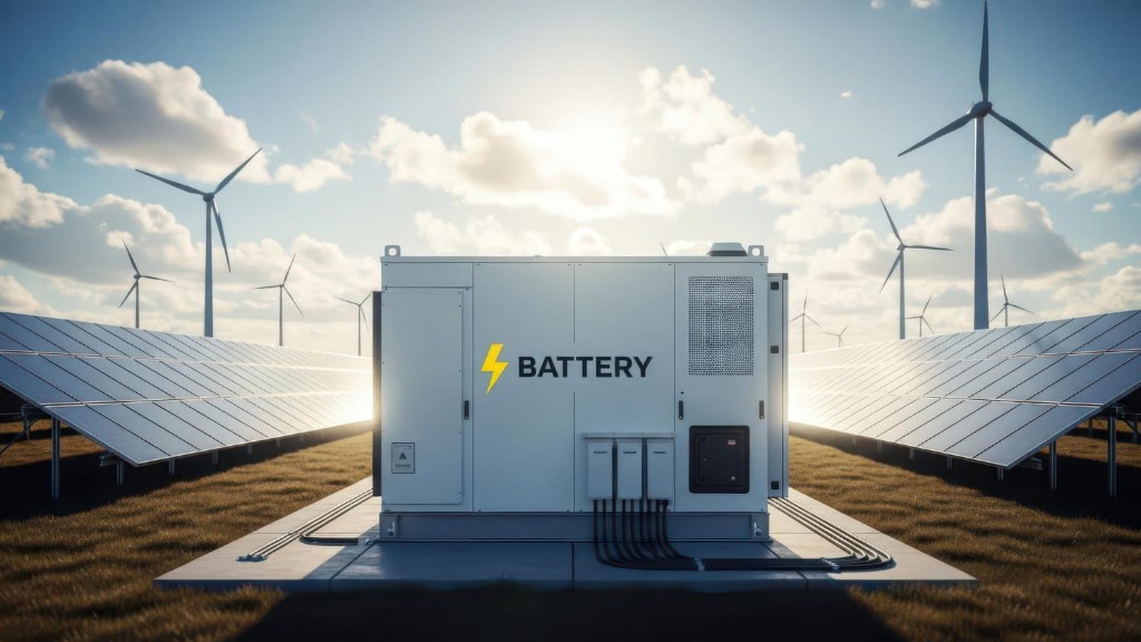 Battery energy storage cabinet with solar arrays and wind turbines