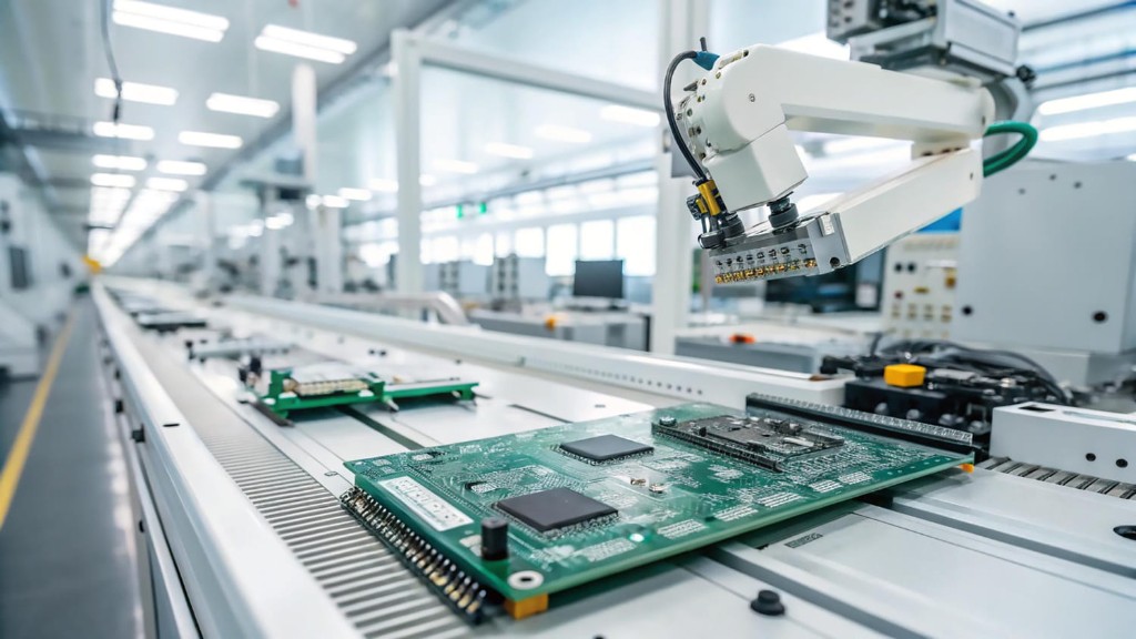 Electronics PCB assembly line with robotic arm