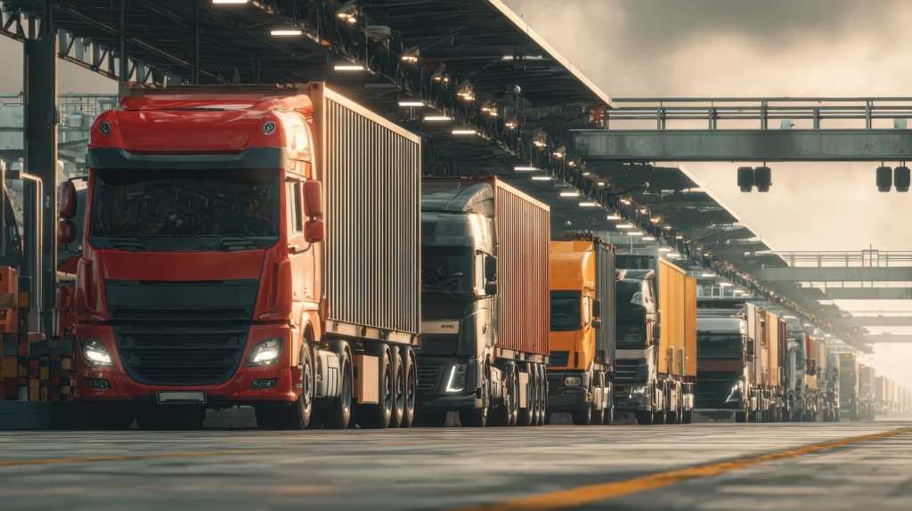 Logistics depot with lined-up freight trucks