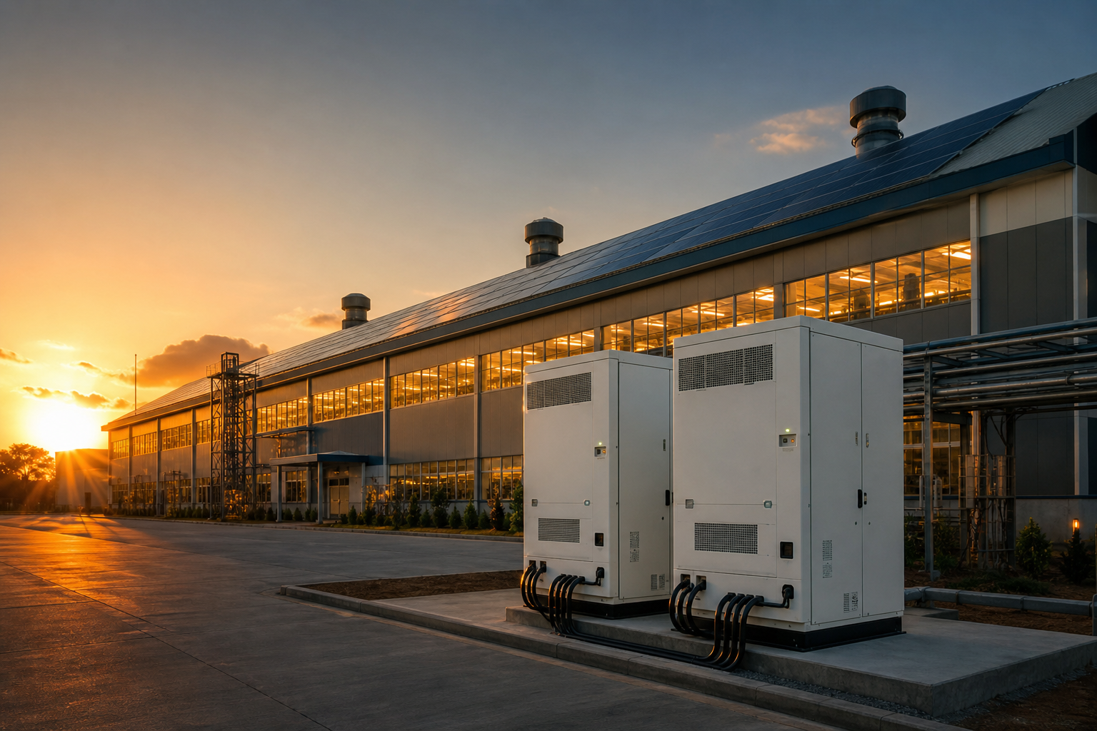 Battery cabinets and rooftop solar at an industrial facility during the evening peak